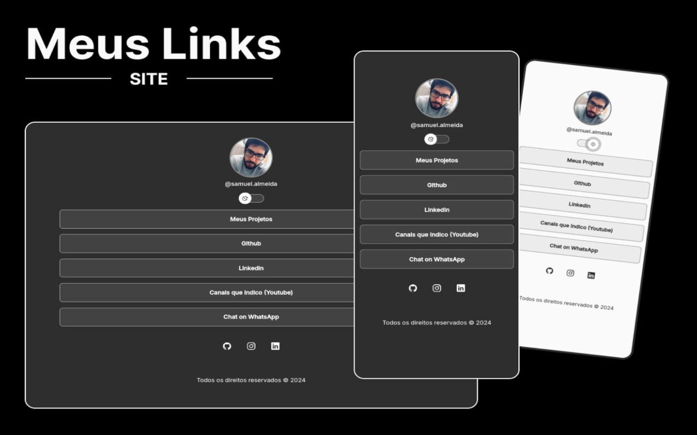 Preview da tela inicial do site Meus Links, mostrando a versão desktop e mobile.