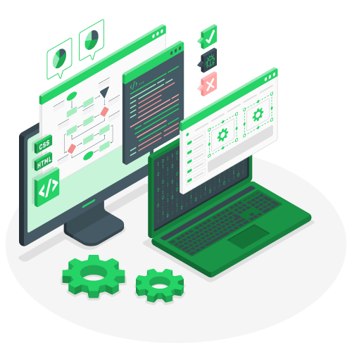 Ilustração de um notebook e monitor com a estrutura de um site saltando para fora das telas.